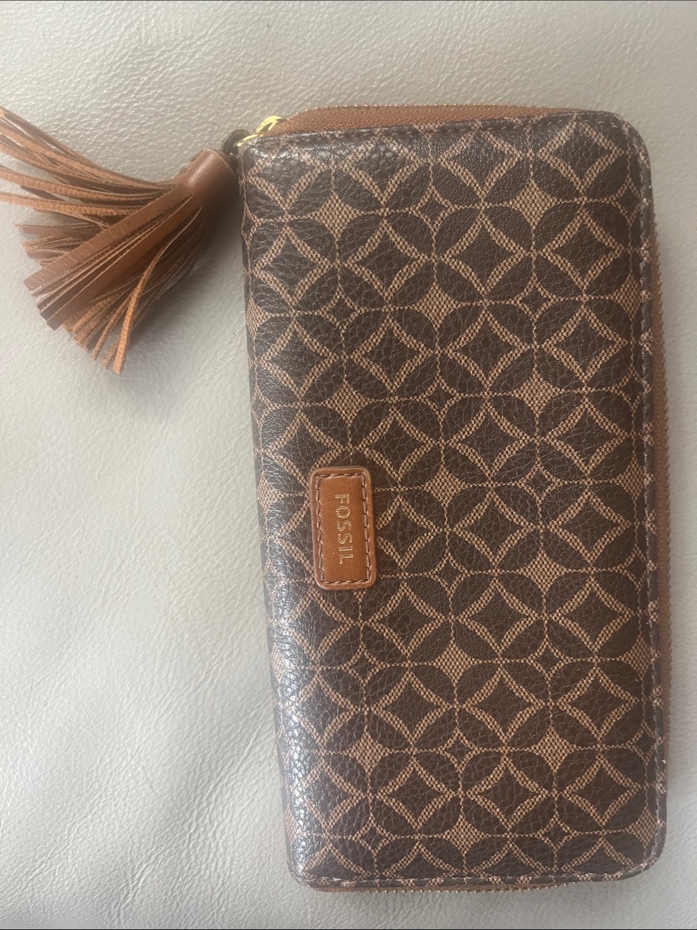 Fossil Brown Patterned Zip Wallet with Tassel Pull